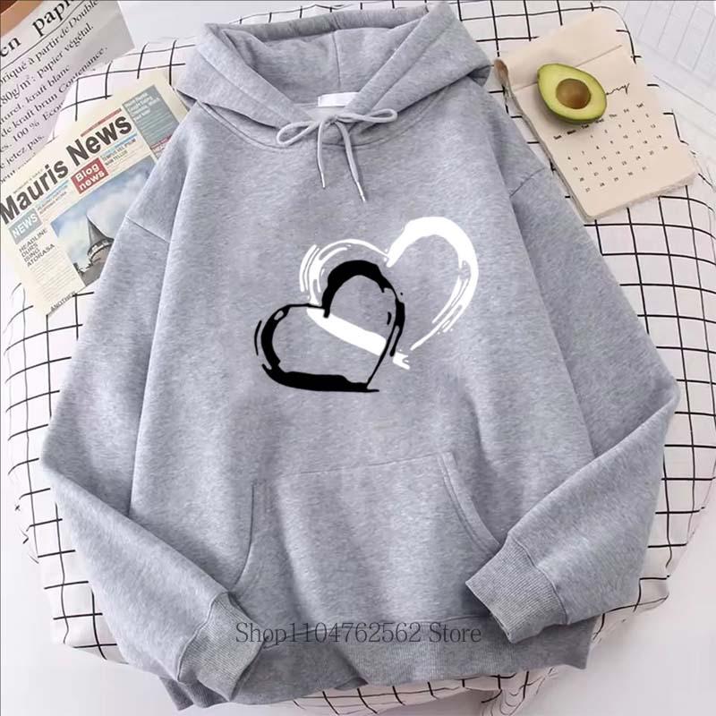 Women Clothing Heart Print Hoodie Autumn Winter Outdoor Sports Fashion Casual Long Sleeve Pullover Women Fleece Sweatshirts