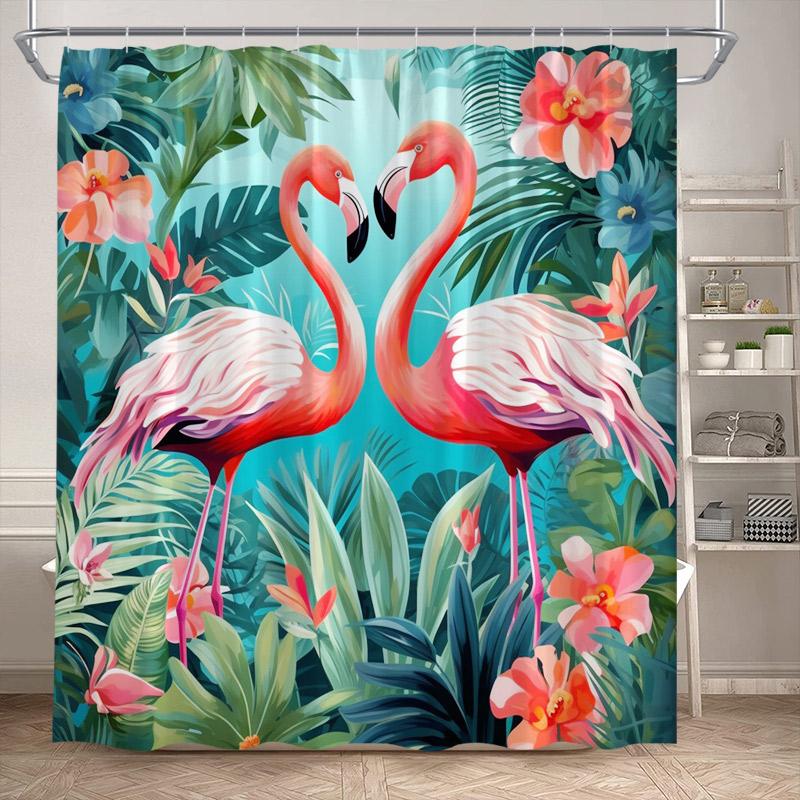 Shower Curtain, Tropical Flamingo Jungle Waterproof Polyester Bathroom Curtain With Hooks, Palm Tree Lotus Flower Decor Bath Cur