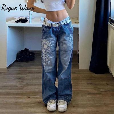 RogueWave Women's Harajuku Print Jeans Floral Print Vintage Aesthetic Baggy Straight Pants Grunge Casual Outfits Trousers Streetwear Y2k