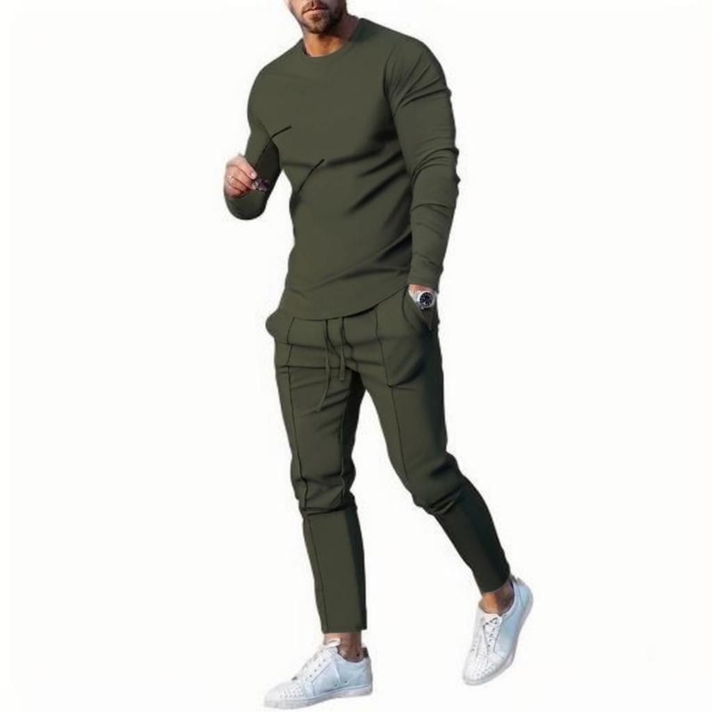 Men's Solid Color Loose Round-neck Long-sleeved Shirt And Long Pants Two-piece Casual Sportswear Set