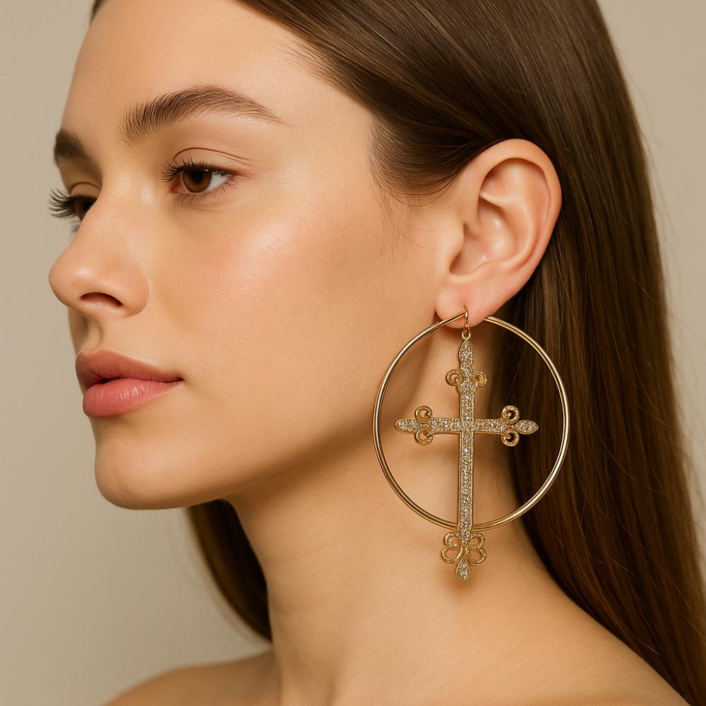 Korean Metal Cross Earrings Accessories Punk Jewelry Hoop Earrings Bling Crystal Fashion Earring for Women
