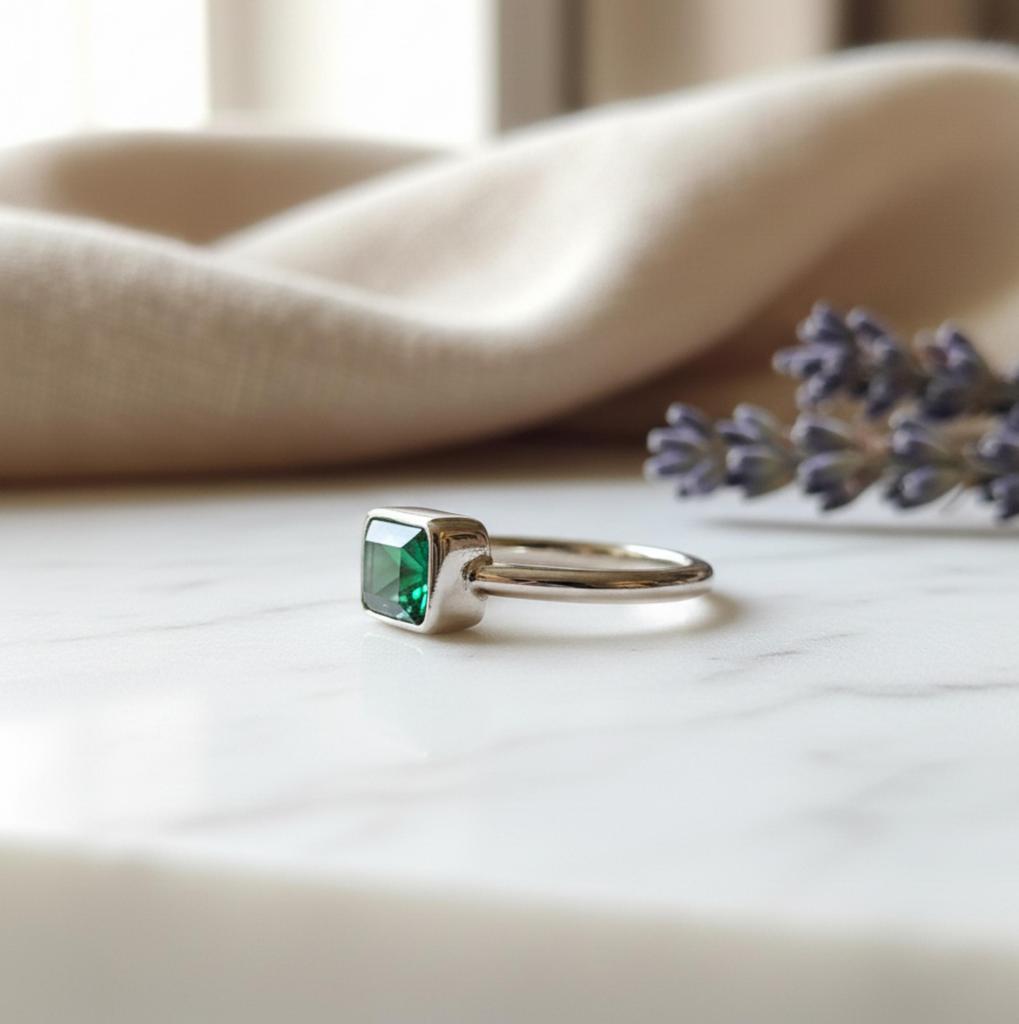 Minimalist Emerald Ring, Boho Statement Ring, Handmade Jewelry, 925 Solid Sterling Silver, Green Gemstone, Emerald Cut Shape, Gift for Women