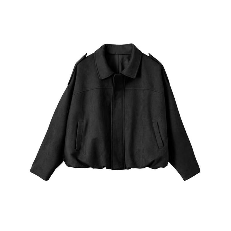 Womens Suede-Like Faux Suede Bomber Jacket With Lapel Collar Zipper Button Loose Streetwear Outerwear