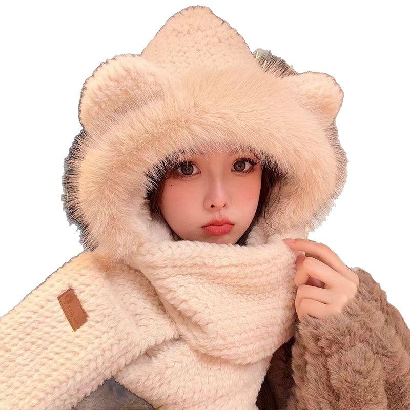 Plush hat scarf integrated women's new winter cute woven scarf gloves three-piece set thickened warm