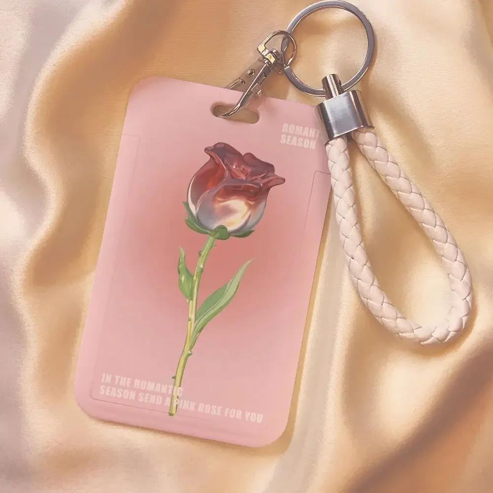 Ins Rose Tulip Flower ID Card Holder Kpop Star Photo Card Display Case Cute Student Subway Bus Card Protective Case with Lanyard