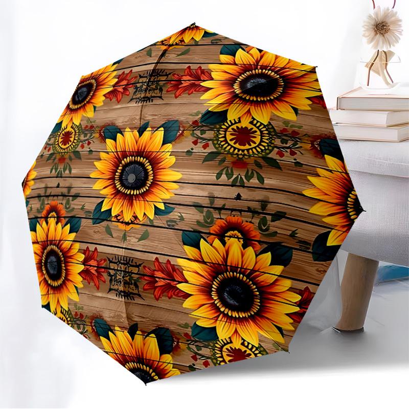 1pc Sunflower Pattern Automatic Folding Umbrella, Heavy-Duty 8-Rib Construction, Perfect for Everyday Yy251114116