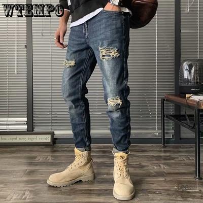 Men's Stretch Jeans Slim-fit Small Feet Holes Thin  Trendy All-match Pants