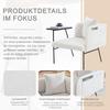 Poltrona individual moderna com encosto de tecido confortável e dois compartimentos de arrumação, complementada por uma mesa lateral prática.