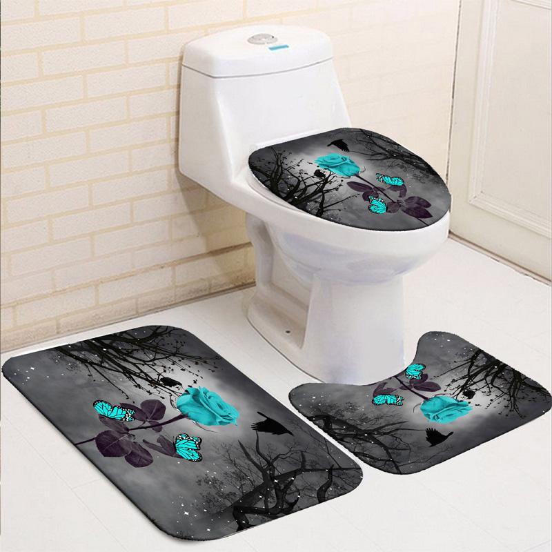 3D Rose Flower Shower Curtain Set Non-Slip Rugs Bath Mat Toilet Lid Cover and 12 Hooks Waterproof Polyester Bathroom Decor