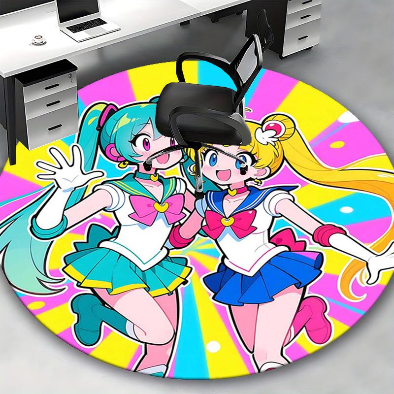 1pc Sailor Moon & Hatsune Miku Anime Cartoon Design Round Carpet - Office Chair Mat, Non-Slip Rug for Home Decor, Living Room, Bedroom, Game Room, Dor