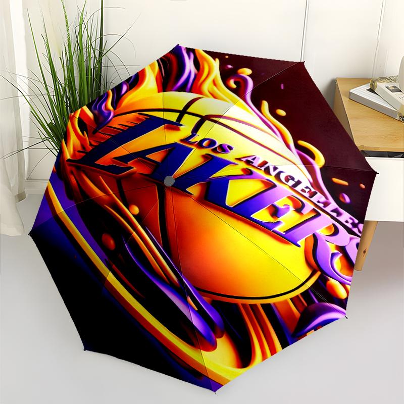 Los Angeles Lakers logo Print Automatic Umbrella, 8 Rib Iron Frame, Plastic Handle, Suitable for Outdoor Travel &Daily , Ideal Gift