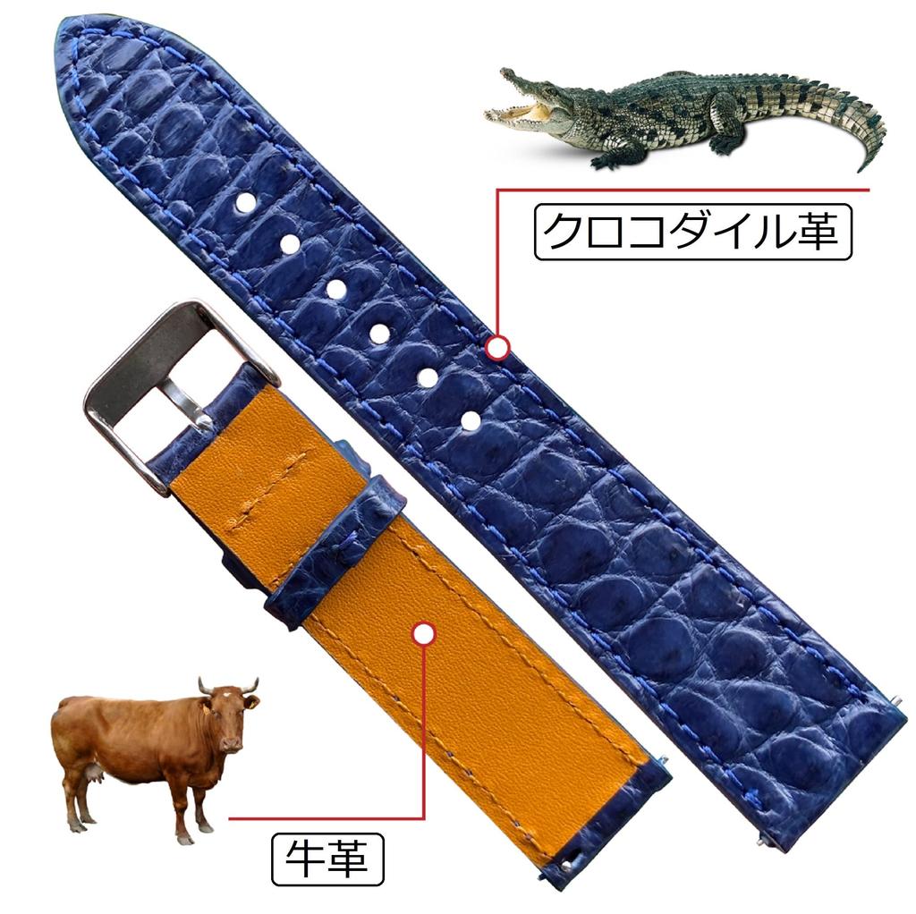 Vinacreations 20mm Blue Crocodile Watch Slim Alligator Replacement Watch Band with Quick Release Wrist Handmade for Navy Blue Strap, Buckle, Men,