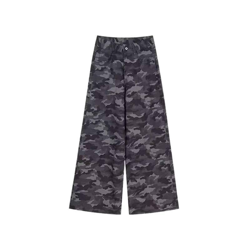 High-Waist Camouflage Wide-Leg Jeans for Women - Plus Size, Floor-Length, Slimming, Autumn 2026 Collection