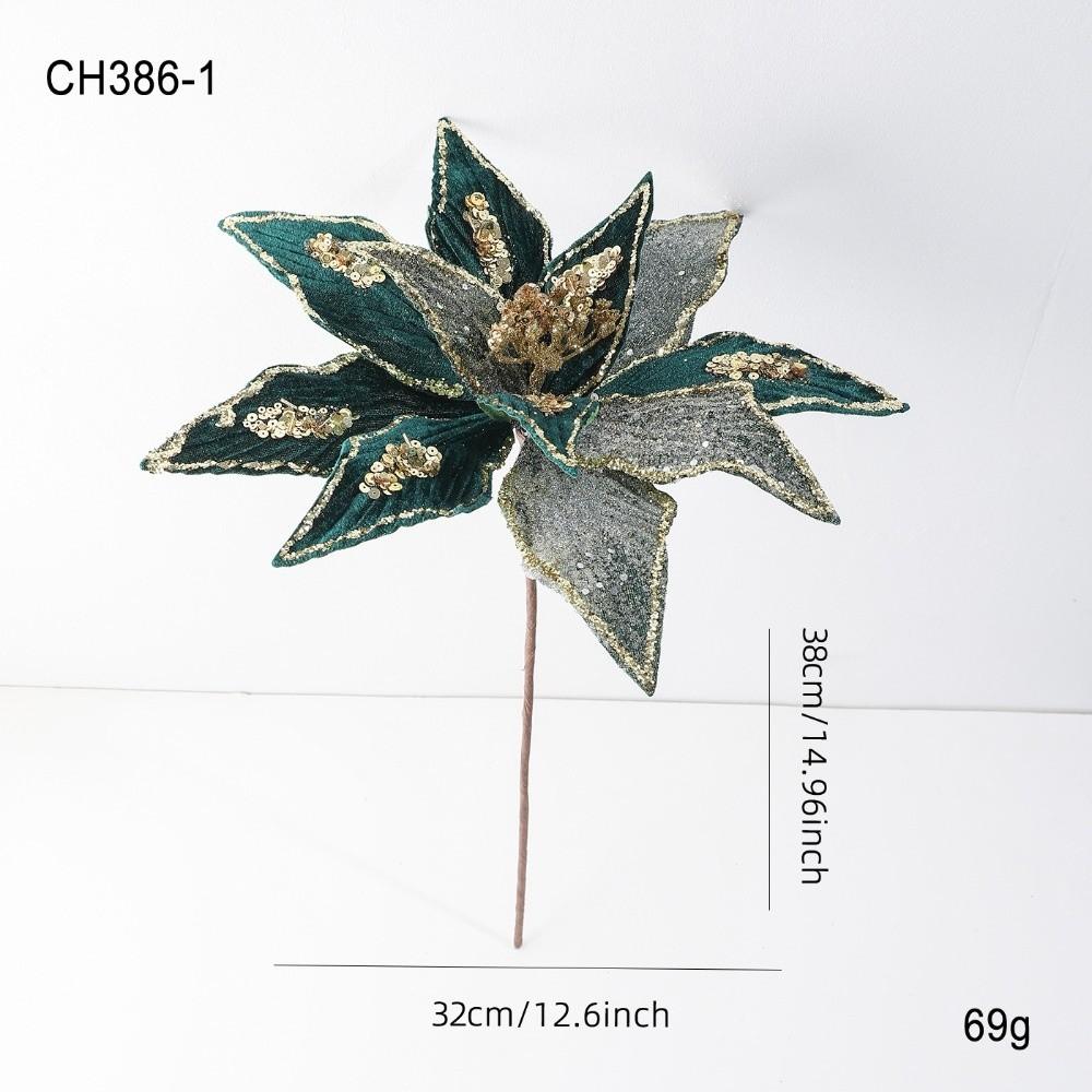 

New 32CM Artificial Poinsettia Flower Glitter Sparkling Simulation Flowers Sequins Sequins Flower Wedding Decoration зелений