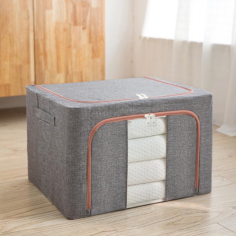 Large Capacity Foldable Storage Box, Cotton Linen Organizer with Steel Frame for Home Quilts and Clothes