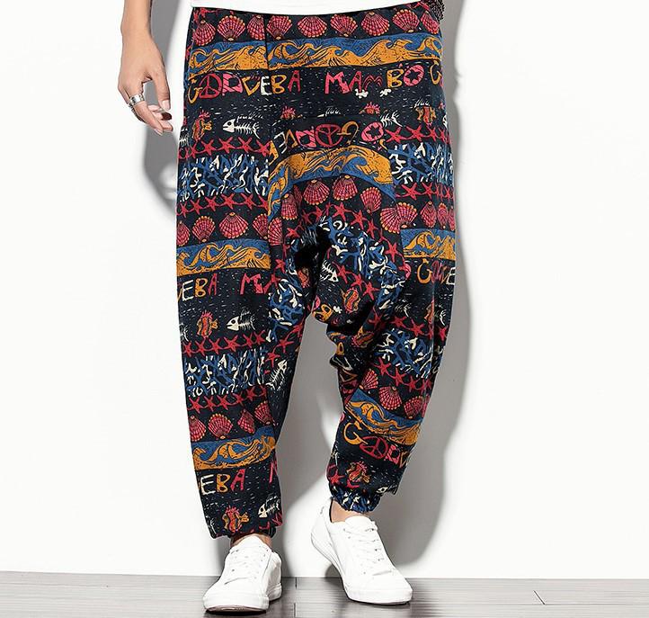 2026 Spring Men's Chinese-Style Cotton Linen Harem Pants - Printed Hip Hop Trousers
