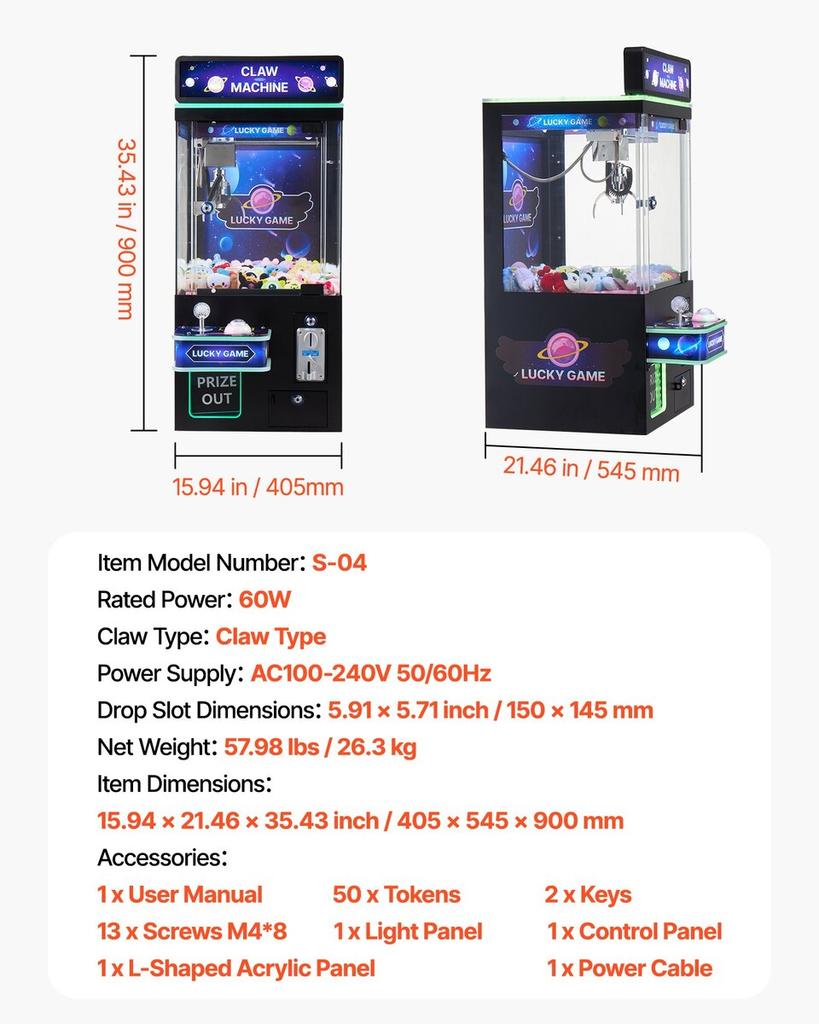 Claw Crane Machine, Medium-Sized Arcade Game Machine with Light & Sound, Adjustable Steel Claws, Precise Toy Candy Grabber Prize Dispenser Vending