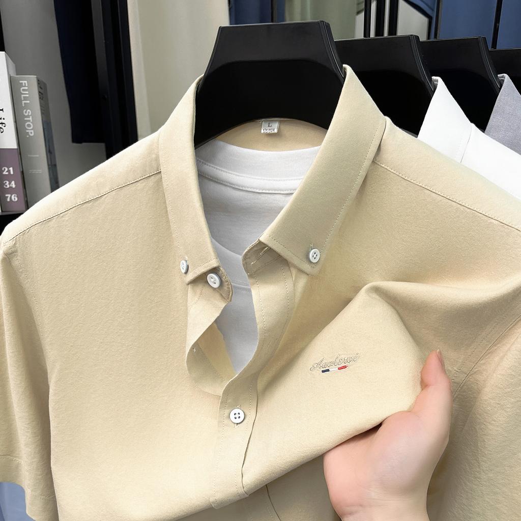 Men's Summer Breathable 100% Cotton Solid Color Short Sleeve Button Down Shirt, All Match Fashion Casual Premium Top