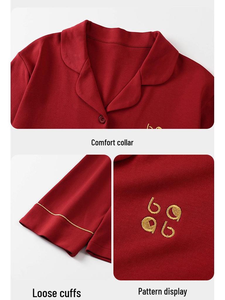 Unisex Wedding Couple Pajamas: Festive Red Pure Cotton Cardigan Set for Spring and Autumn