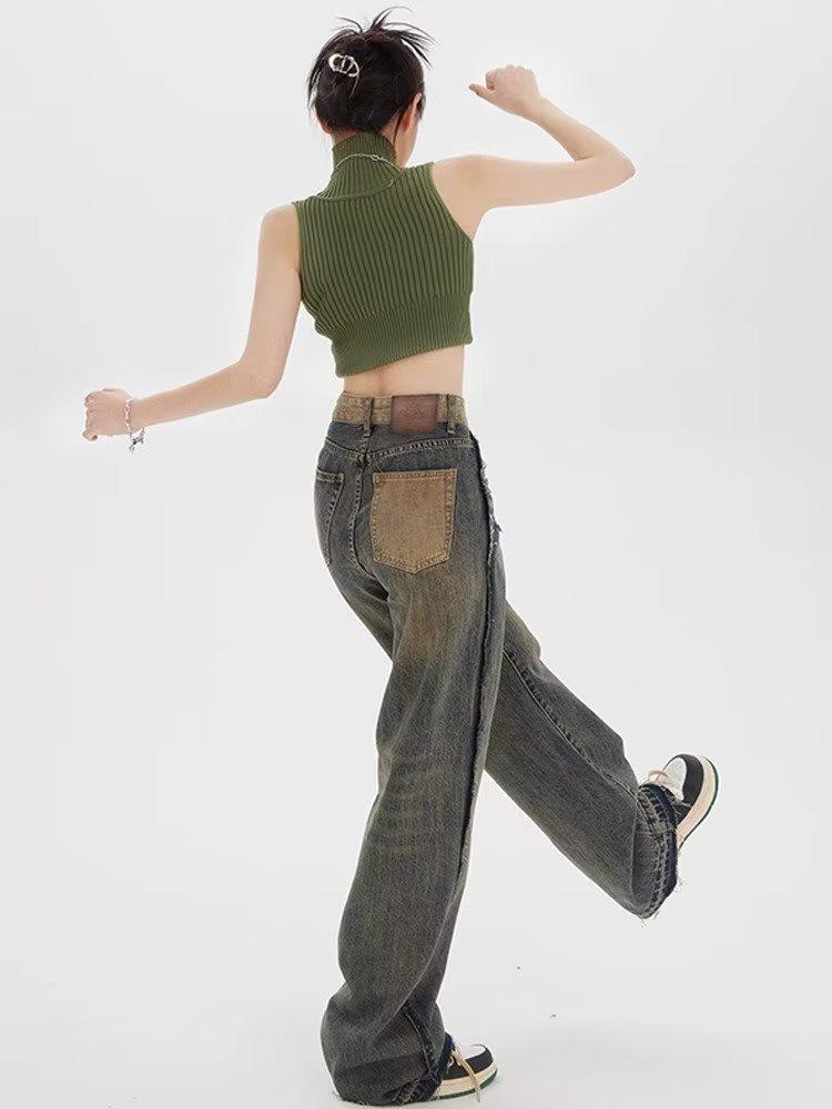 Women's High Waist Retro Distressed Wide-Leg Jeans - Spring/Autumn