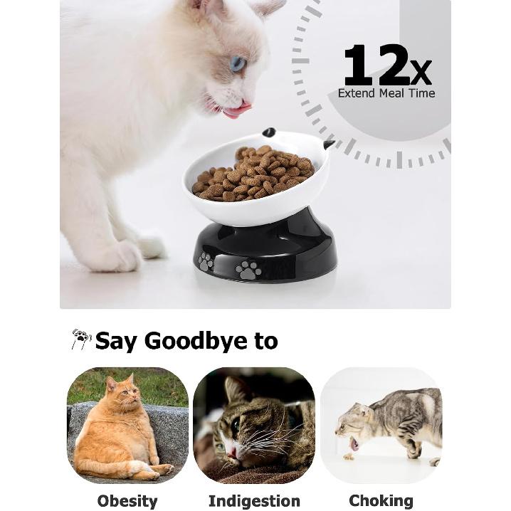 Y YHY Ceramic Cat Slow Feeder, Elevated Dog Food Bowl Tilted Design, Slow Feeder Bowl No Black Chin, Cat Shape for Dry and Wet Food