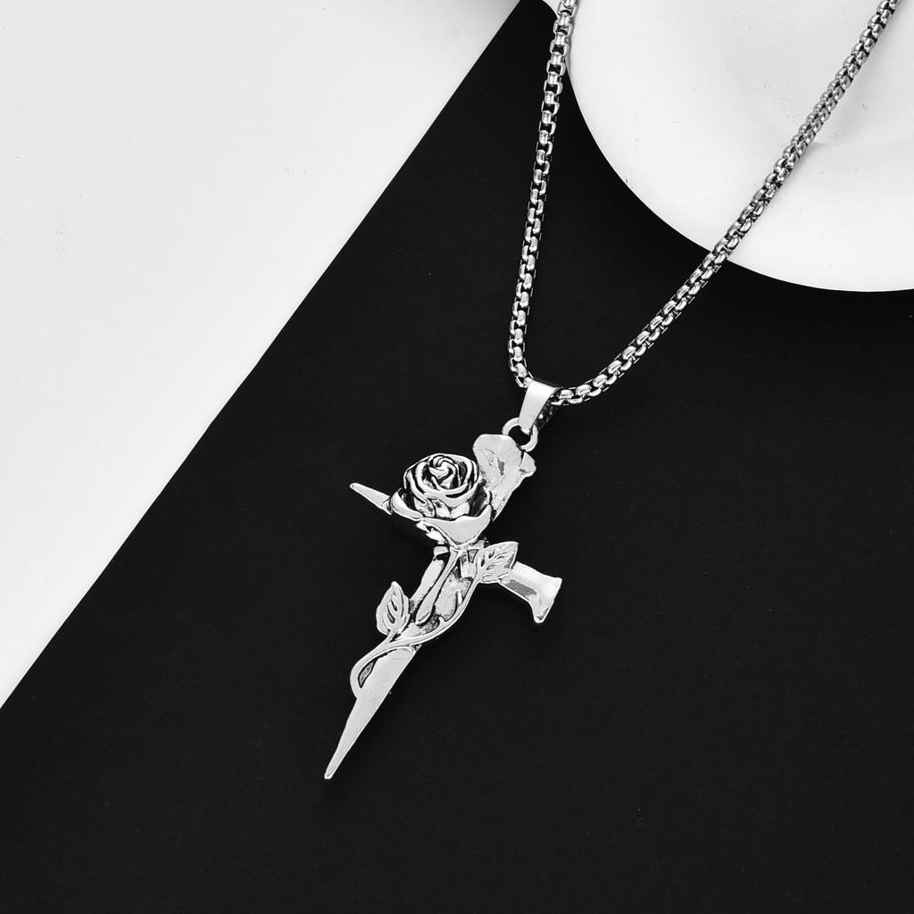 Long Stylish Chain Necklace With Unique Rose Cross Alloy Pendant For Trendsetters