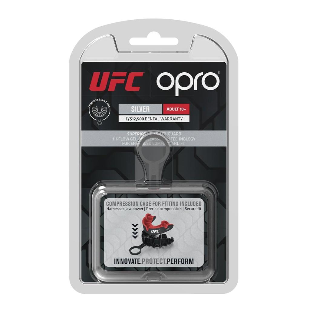 OPRO Ochraniacz na zęby Sztuki walki Ochraniacz na zęby Boks Kickboxing Sportowy ochraniacz na zęby Wyprodukowano w Wielkiej Brytanii Oficjalny sklep [Samodopasowujący się/Poziom Srebrny] (Dorosły, Ufc/Czarny &