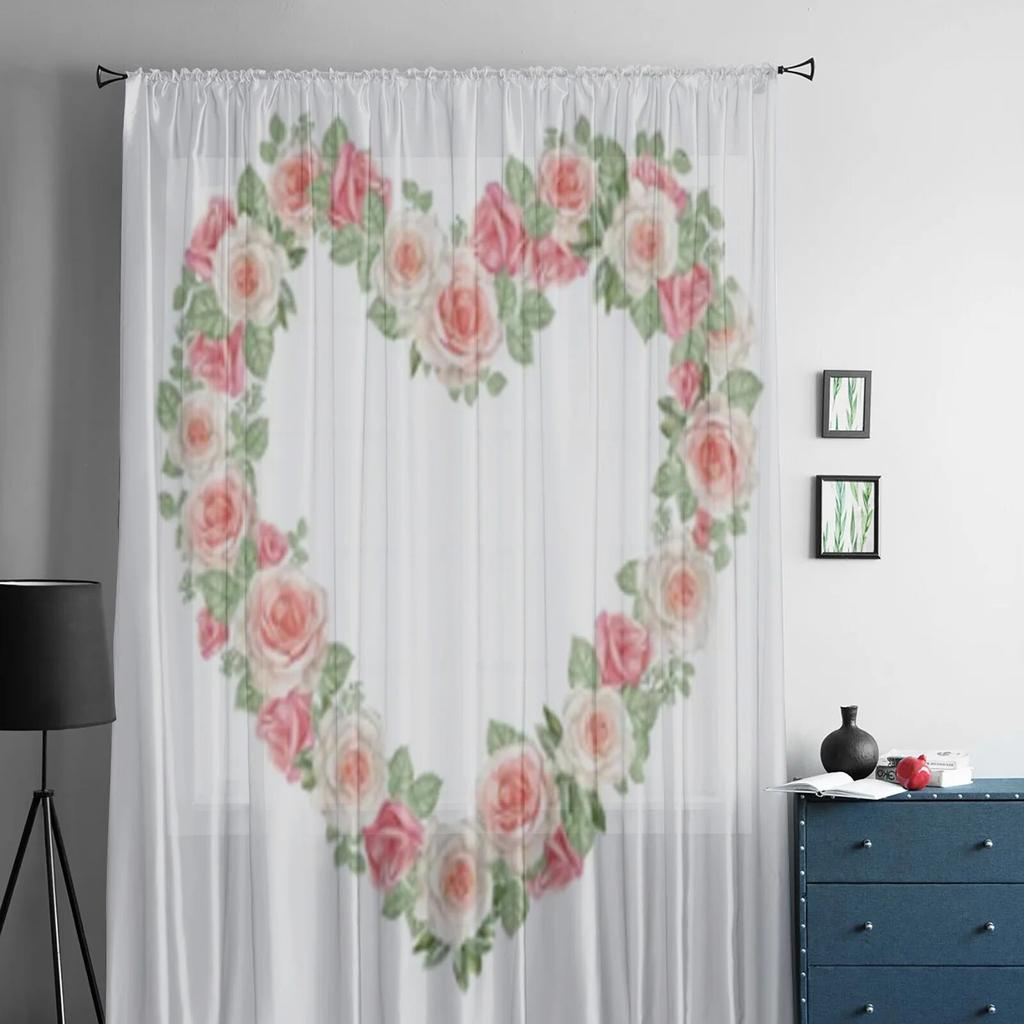Watercolor Heart Rose Wreath Sheer Curtains For Living Room Window Transparent Voile Tulle Curtain Bedroom Drapes Home Decor