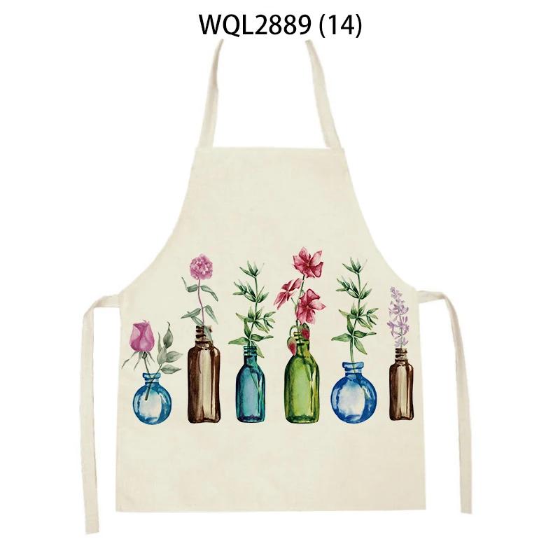 Adult Kids Flower Pattern Cleaning Kitchen Aprons Home Cooking Baking Linen Waist Bibs Vase Flower Art Antifouling Pinafore