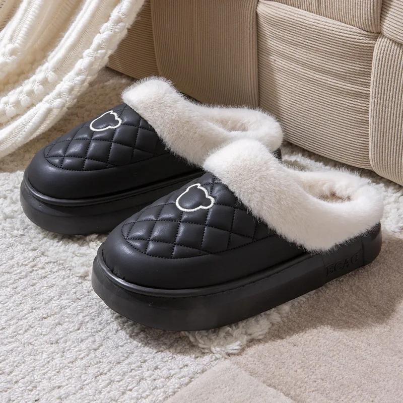 Fashion Women Fur Fuzzy Slippers Outdoor Waterproof Plush Lined Slides Indoor Antiskid Platform Cotton Shoes Fluffy House Slipper