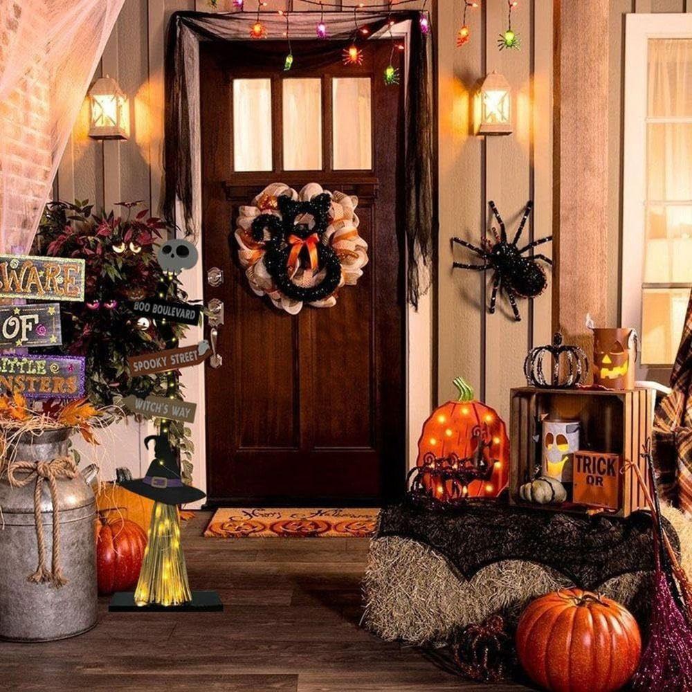 Spooky Design Wooden Witch Broom with Base Halloween Broomstick Ornament  Yard Ornament