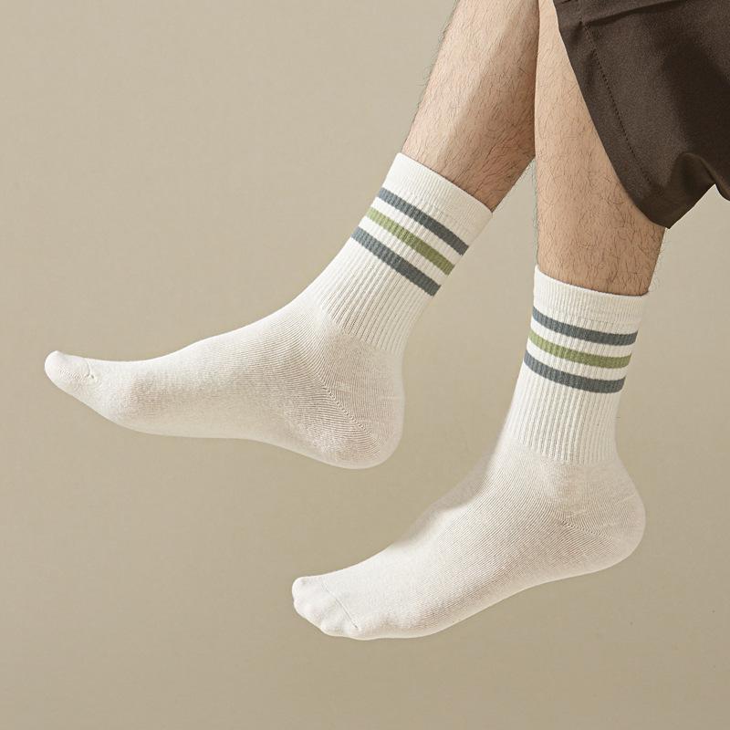 5/10 Pairs Striped Contrast Socks for Men Colour Blocked Sports Mid Calf Socks Spring Autumn Season Breathable Sweat Absorbing Student Cotton Socks
