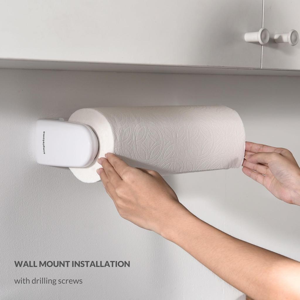 simpletome Paper Towel Under Cabinet or Wall Tension Kitchen Paper Holder Fits Holder, Mounted, One-Hand Operation, Arm, (White, 24-28cm Rolls)