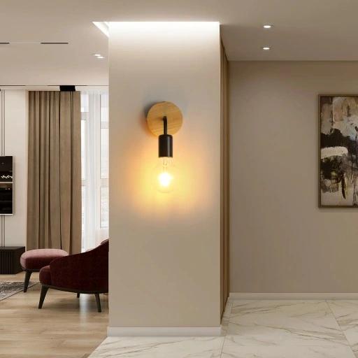 Kinkiet Lampa Ścienna Drewno Czarna Nowoczesna E27 X2 Do Sypialni