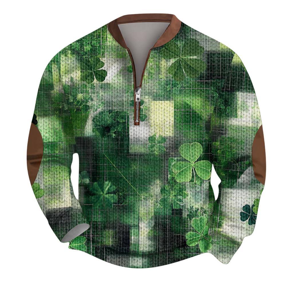 Mens Christmas Sweater Zip Up Sweatshirts Vintage Knit Graphic Sweatshirt St. Patrick's Day Stand Collar Pullover