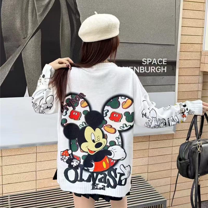 Women's Cute Korean Cartoon Rhinestone Round Neck Sweater - Loose Fit, Long Sleeve Knitwear for Autumn/Winter