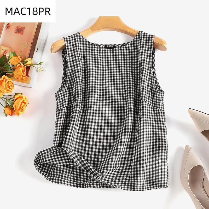 

Summer Women Round Neck Sleeveless Plaid Blouses Tanks Tops 3XL чорний