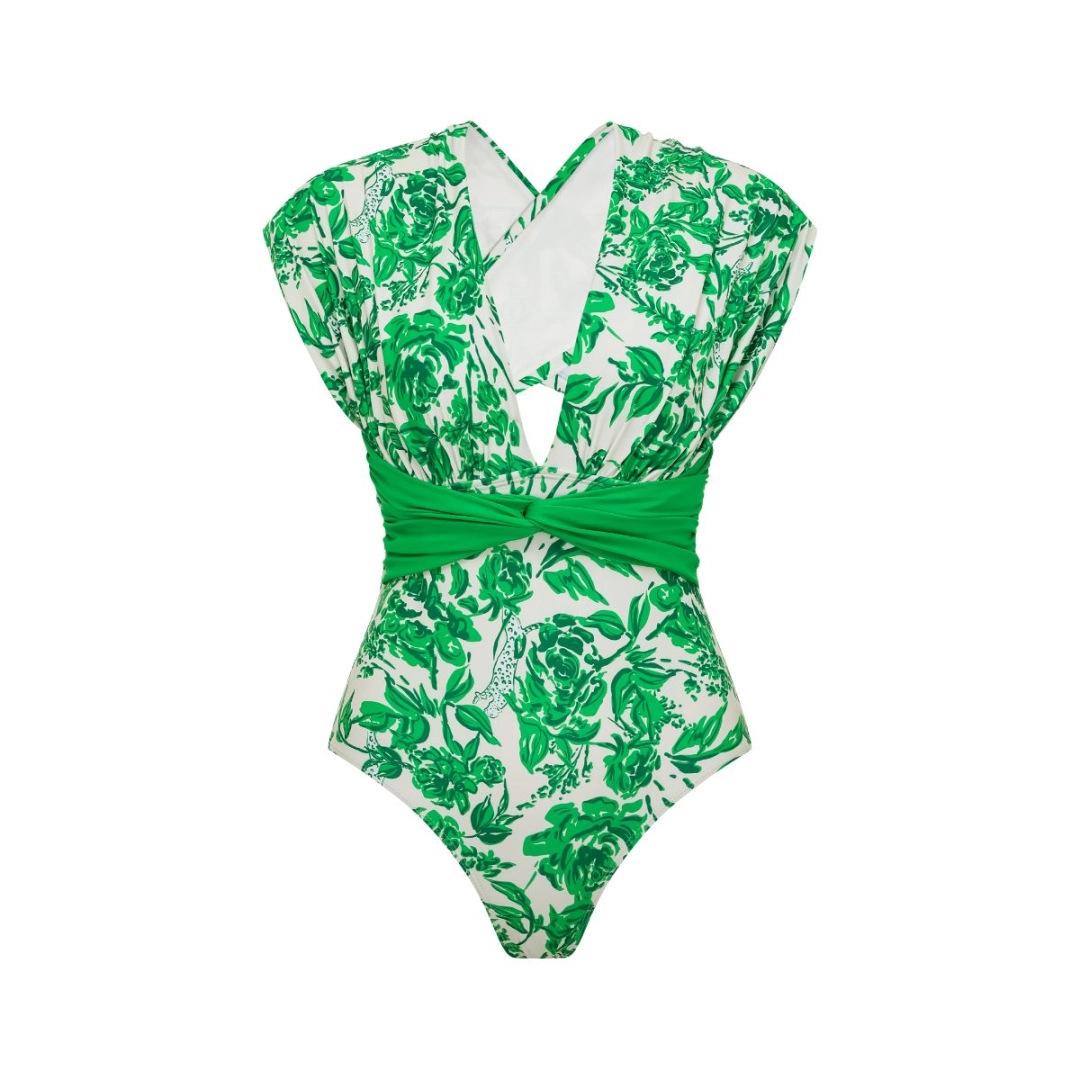 European and American swimwear, green floral two-piece swimsuit, hot spring beach set, women S