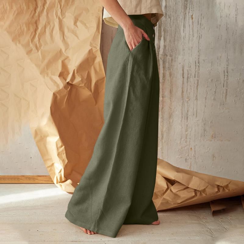 

Women s High Waist Casual Button Cotton Linen Wide Leg Pants L зелёный