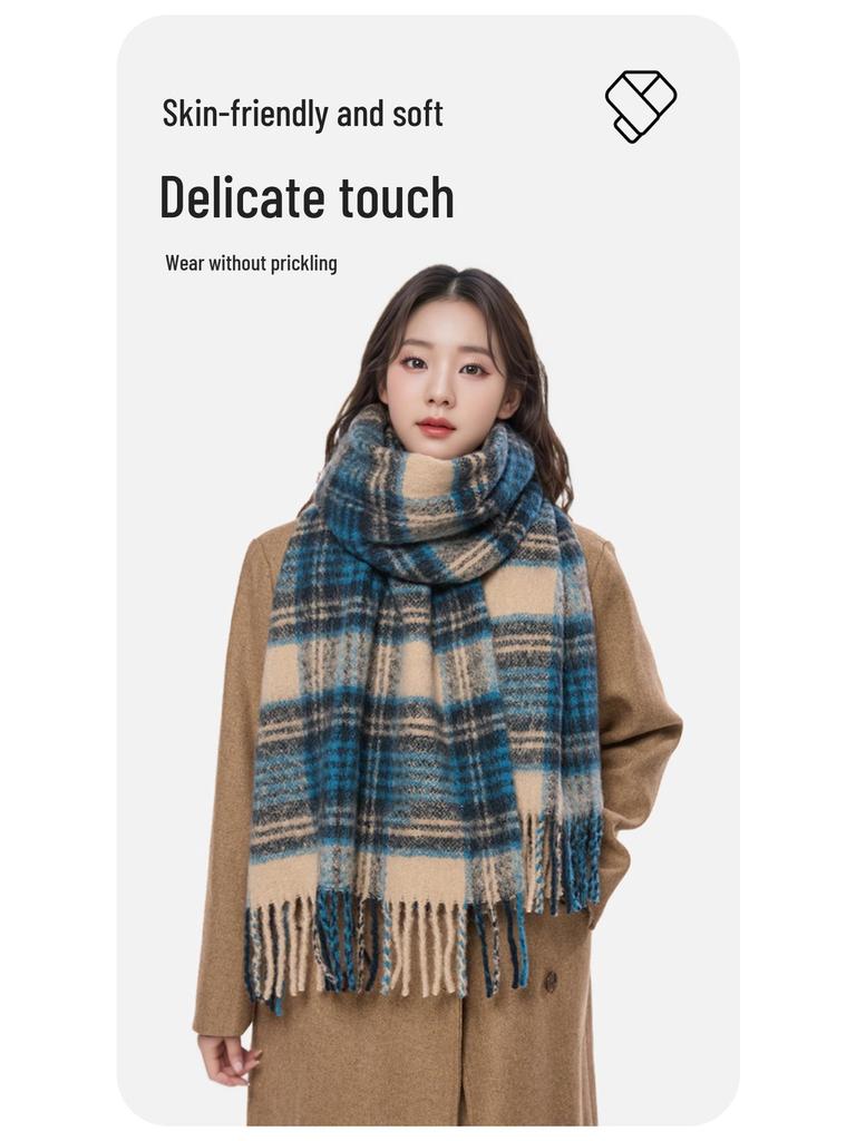 2025 Retro Korean Style Women's Warm Plaid Scarf & Shawl in Brown