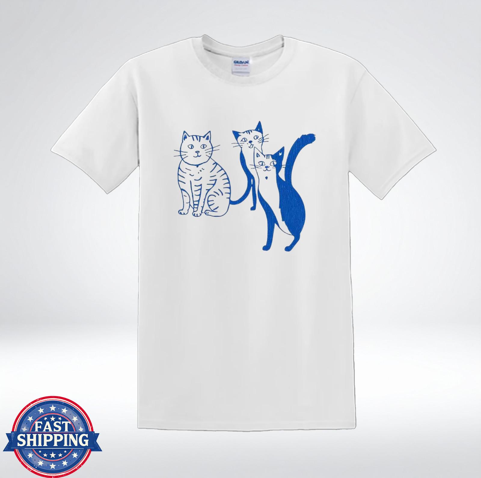 Cute Cat Line Art Shirt Minimalist Blue Cat Graphic Unisex T-Shirt M