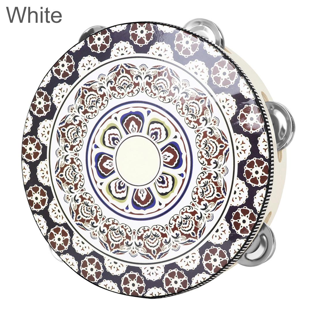 

Wooden 8 Inch Single Row Jingles Flowers Pattern Tambourine Party KTV Church Music Show Handbell Hand Drum білий