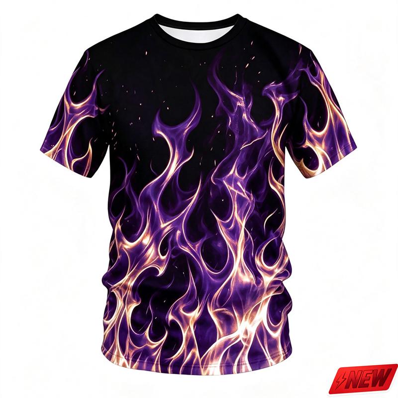 Men's 3D Color Flame Printed T-shirt for Summer Casual and Comfortable Short Sleeved Top, Fashionable Street Round Neck Clothing