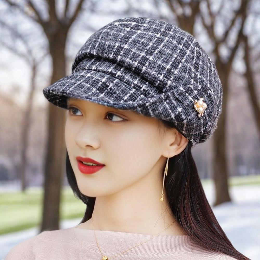 Ladies' Hats Autumn Winter Style Quilted Turn-Up Brim Octagonal Beret Fashionable Ladies' Fashion Beret with Duckbill Brim
