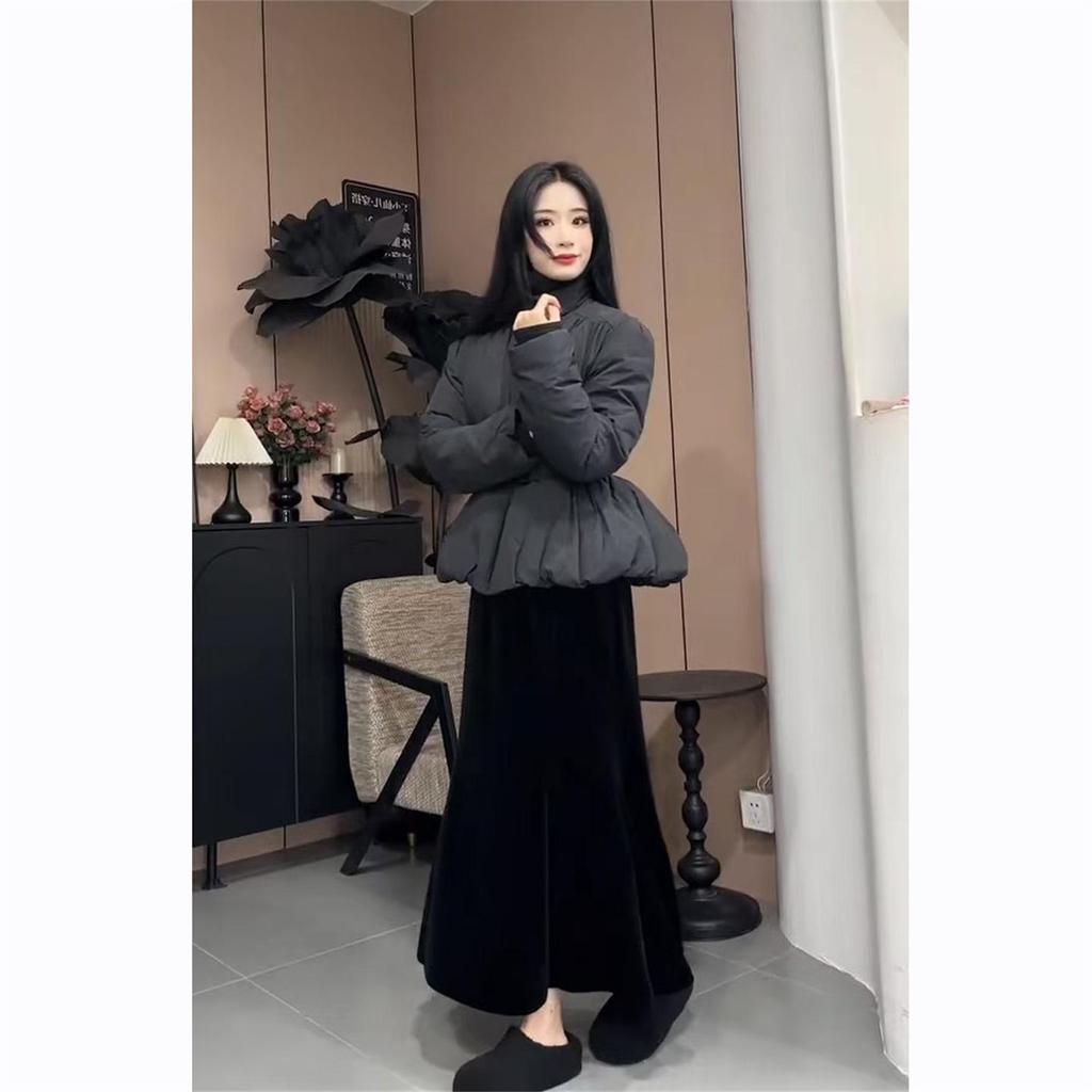 Korean Style Stand Collar Waist-Cinched Jacket & High-Waisted Skirt 2025 Winter Two-Piece Set