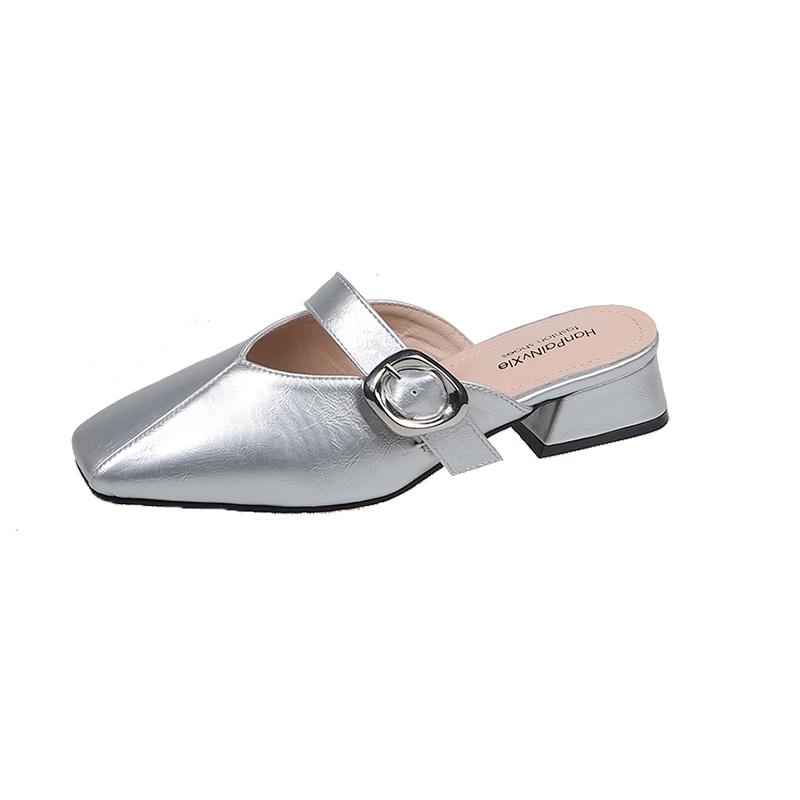 Fashion Low Heel Sandals Spring New Square Head Shallow Mouth Metal Buckle Soft Sole Anti-slip Wear-resistant Slippers