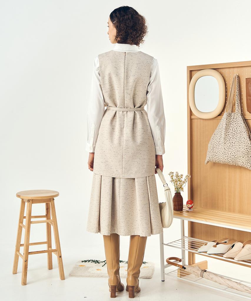 Pelimela Twill Two-Piece Long Dress Belt Set (Beige)