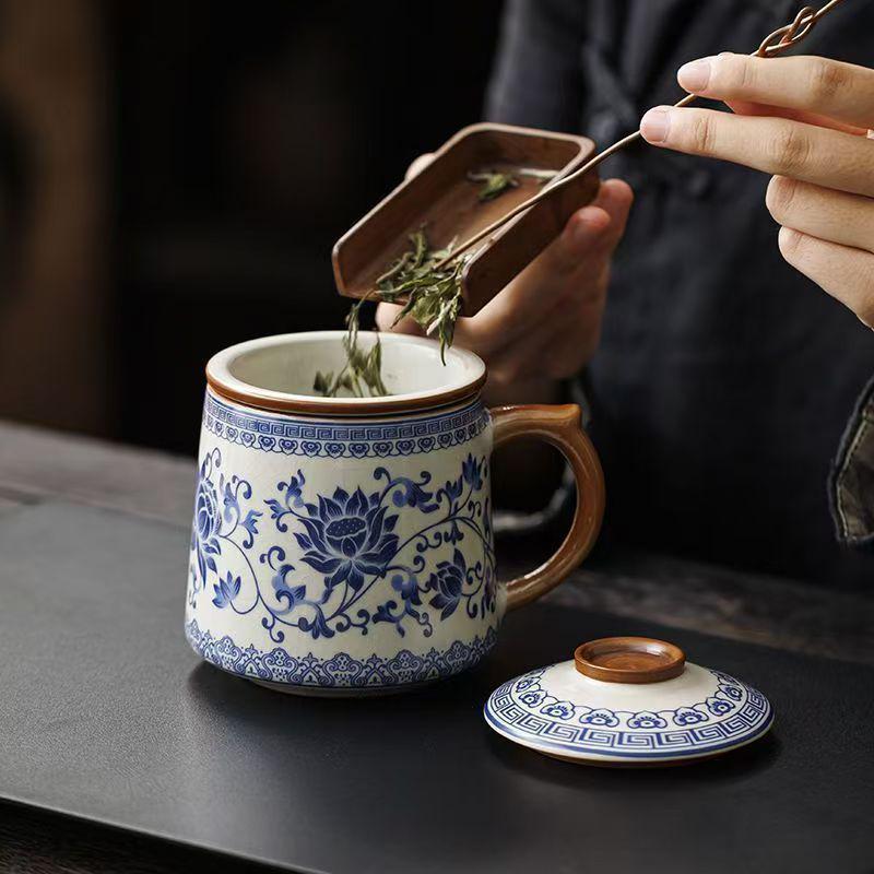 Blue and White Ceramic Office Mug with Tea and Water Separation, Large Capacity.