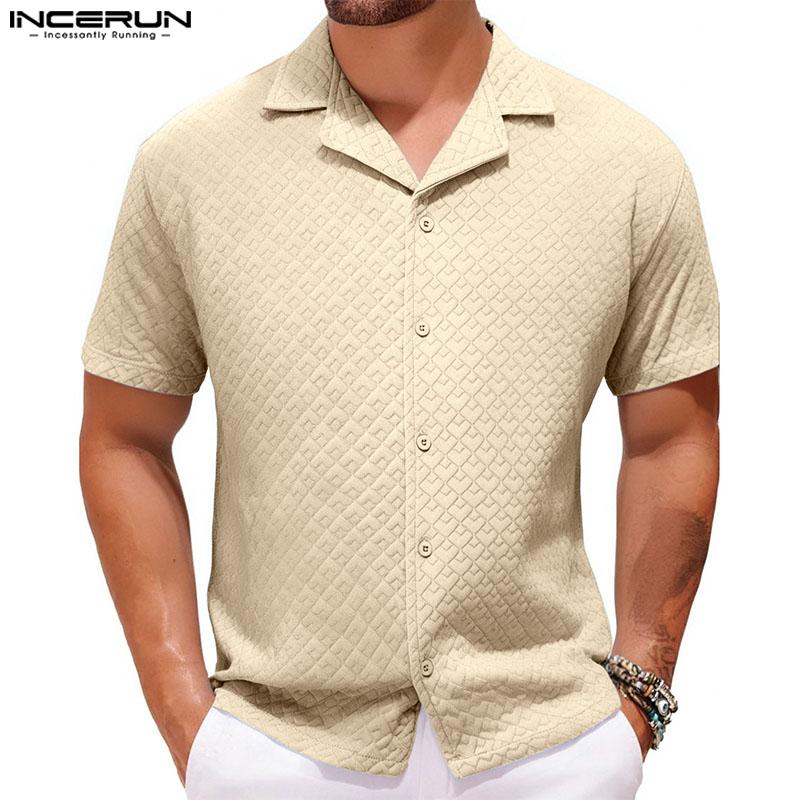 INCERUN Oversized Men Lapel Neck Short Sleeve Texture Buttons Up Casual Shirts