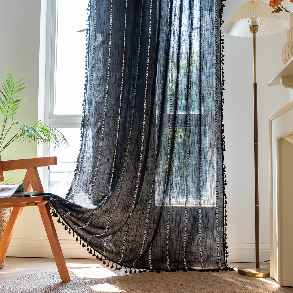 American Curtains Finished Thick Black Bohemian Semi-Blackout Room Living Room Decoration Balcony Floating Curtains